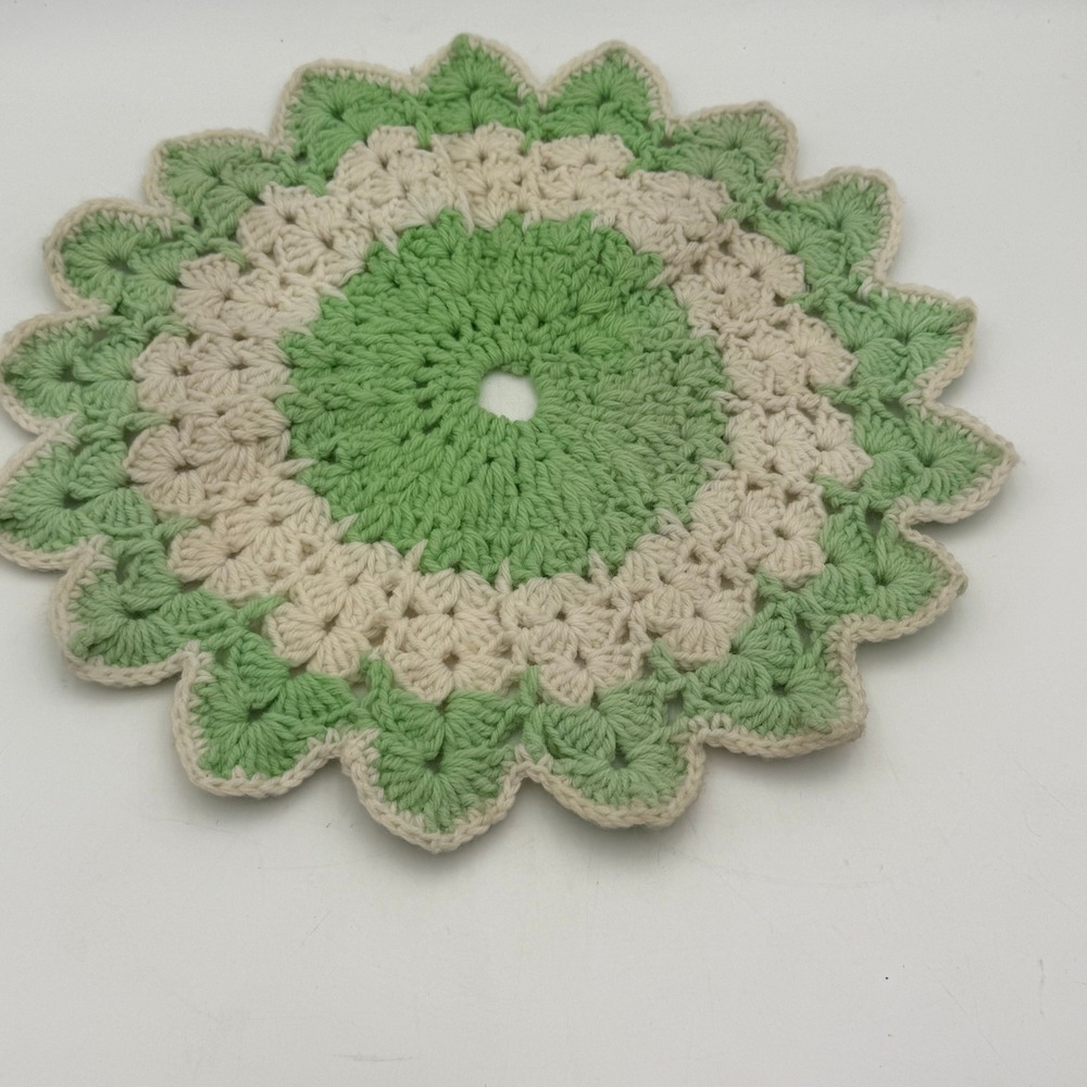 Vintage Handmade Crochet Doily Scalloped Round Sage Green Cream 13.5 Inch